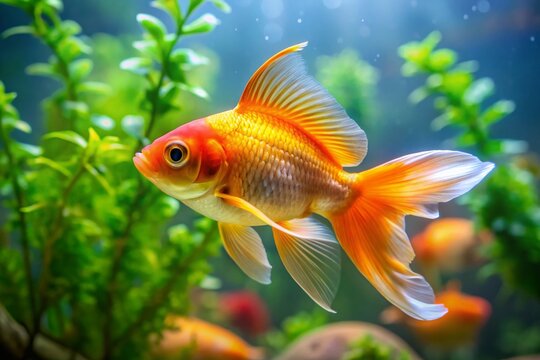 Vibrant Tamasaba Goldfish Swimming Gracefully in a Clear Aquarium with Natural Aquatic Decor