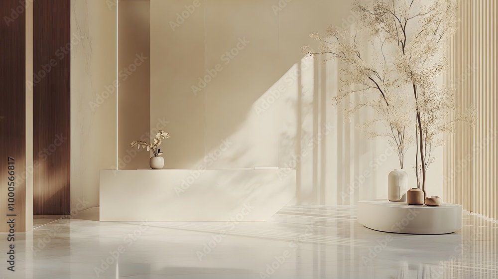 Poster 5. a sophisticated scene featuring an unusual minimalist presentation space, where sleek lines and a