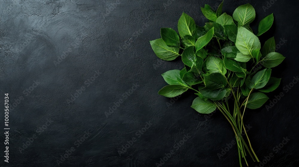 Sticker A bunch of fresh green leaves on a dark surface, ideal for culinary or decorative use.