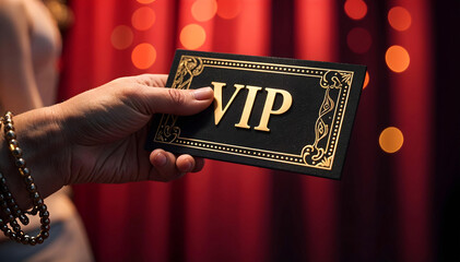 hand holding a gold and black VIP ticket