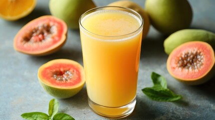 Fototapeta premium A glass of fresh papaya juice with whole and halved papayas and mint leaves.