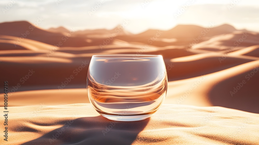 Poster 3. an artistic 3d render of a blank frosty glass in a desolate desert setting, where shimmering sand