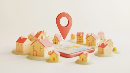 Fototapeta premium A smartphone with a map and a location pin surrounded by miniature houses.