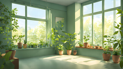 AFlowerpot by the window. Filled with green petals in a plant-encrusted pastel scheme. ai