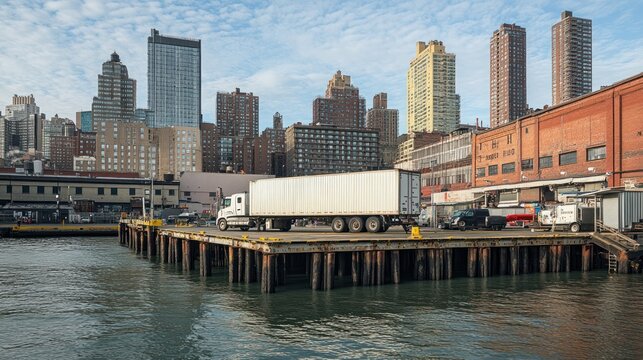 A dock scene featuring a truck on a pier with city skyscrapers in the background.