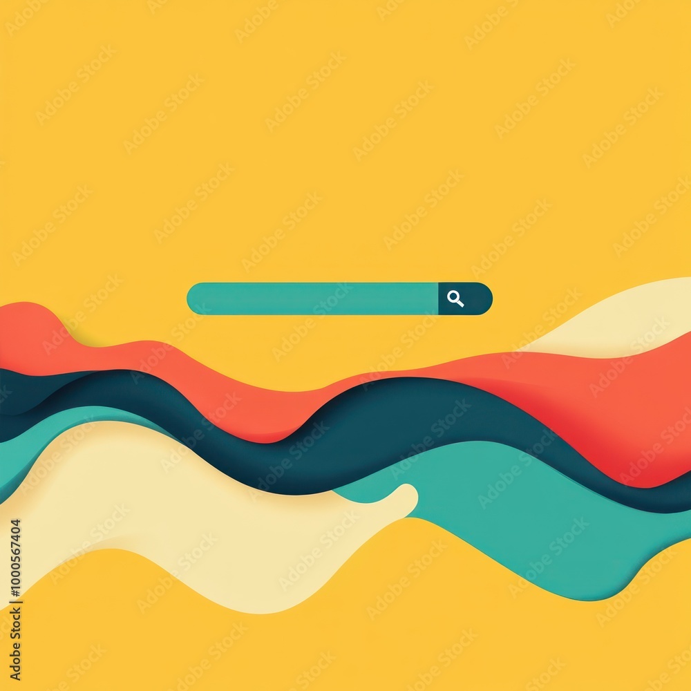 Poster abstract design featuring colorful waves and a search bar on a bright background.