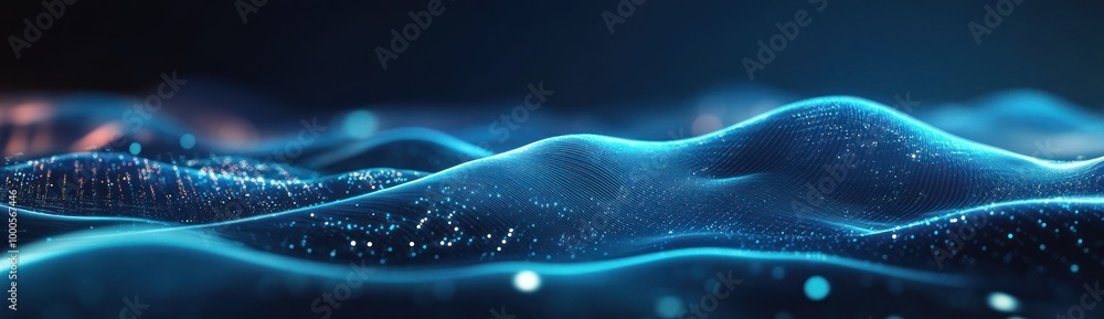 Poster abstract representation of waves with glowing particles, suggesting a digital or cosmic theme.