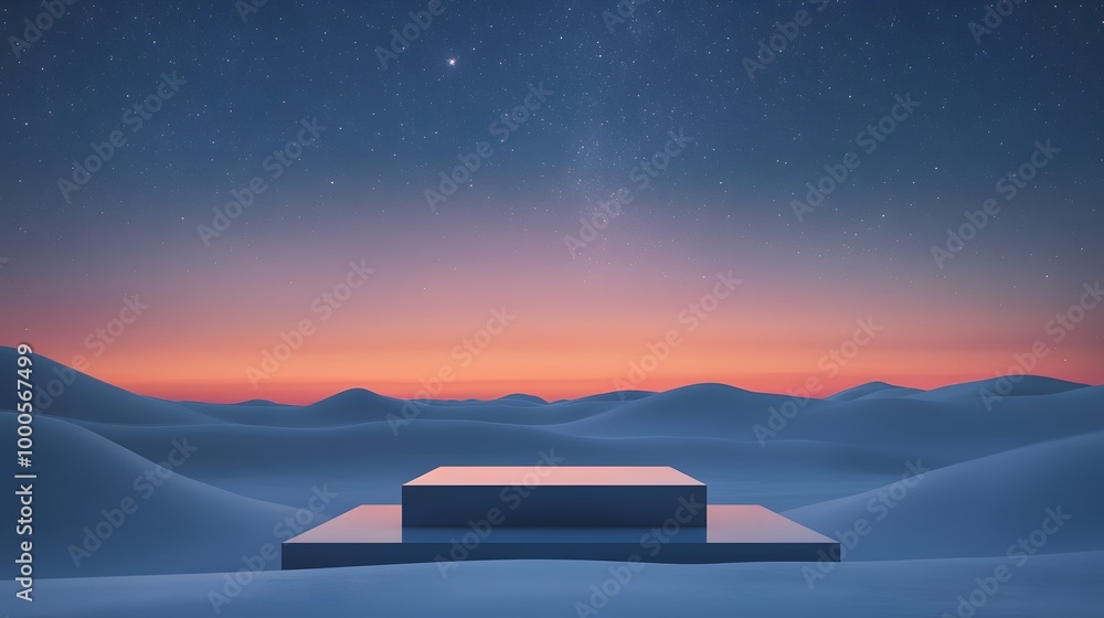 Poster 1. a minimal podium set against a stark desert landscape, under a gradient sky transitioning from de