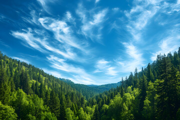 Fototapeta premium Green pine trees cover the mountain slopes under a blue sky with fluffy clouds in this scenic summer mountain landscape
