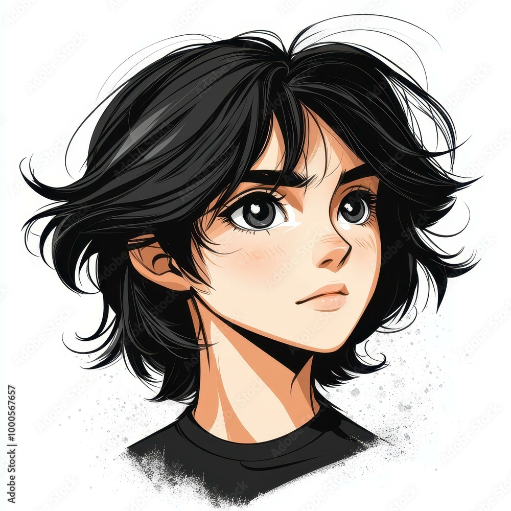 Poster a dynamic animestyle cartoon character with stylish shoulderlength hair, gazing forward against a cl