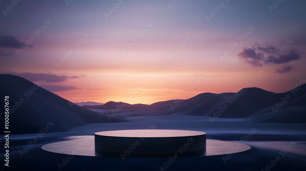 Poster 2. an elegant scene featuring a sleek podium in a dark desert environment, highlighted by a stunning