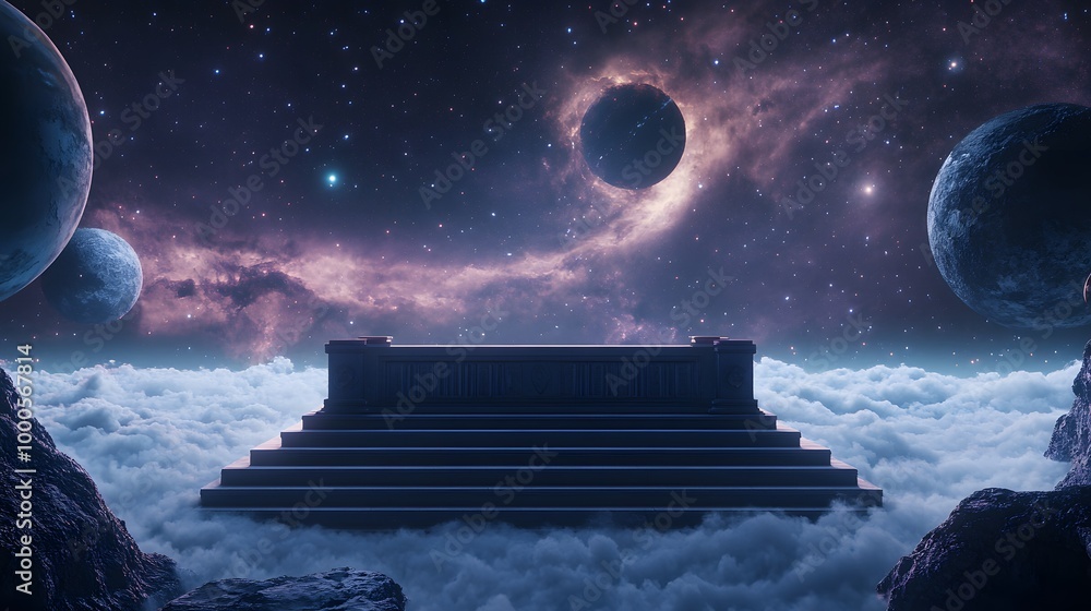 Poster 2. an enchanting 3d render of a celestial altar podium in outer space, bathed in the soft light of d