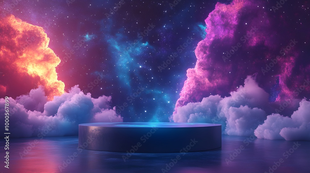 Poster 3. a mystical depiction of a product podium situated in an otherworldly space setting at dusk, surro