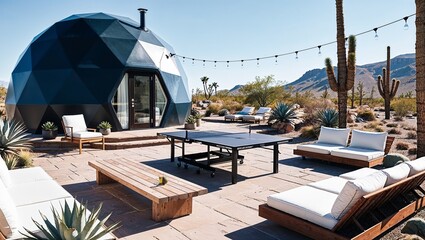 Fototapeta premium modern, outdoor setting featuring a geodesic dome house with a dark exterior, situated in a desert landscape (1)