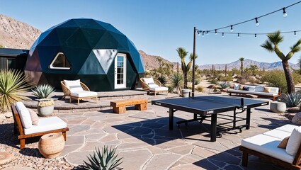 Obraz premium modern, outdoor setting featuring a geodesic dome house with a dark exterior, situated in a desert landscape (1)