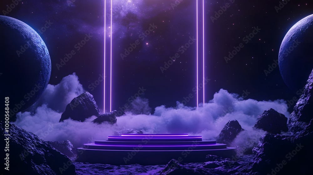 Poster 5. a striking image showcasing an outer space podium under a dusk sky, where celestial bodies and a 
