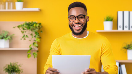 Bright and cheerful entrepreneur analyzes documents in a creative workspace, radiating productivity and positivity.