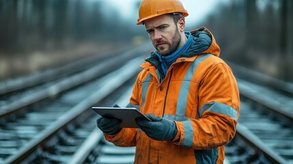 An industrial engineer uses a tablet to inspect railway track systems, showcasing a blend of technology and engineering.