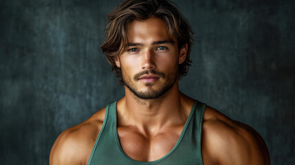 Obraz premium A focused young man showcases his impressive physique in an athletic tank top against a clean backdrop.