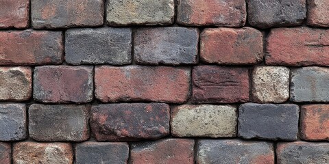 Obraz premium A textured background of a wall made of various sizes of red, brown, gray and white bricks laid in a staggered pattern