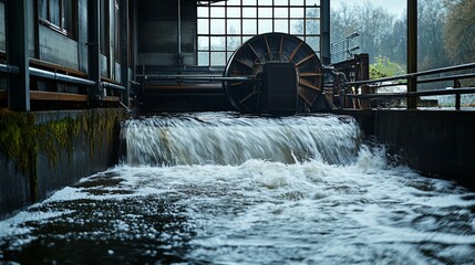 Powerful Watermill on River with Flowing Water