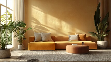 Modern Living Room with Warm Tones and Plant Decor
