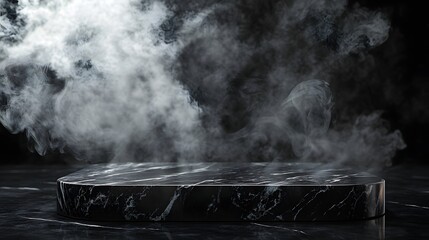 3. A captivating image of a black marble table podium positioned in a shadowy room, with a glossy black stone floor reflecting the ambient light, enhanced by swirling smoke for a mysterious ambiance