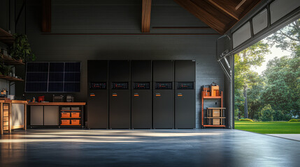 Modern garage with multiple home battery packs neatly stacked, showcasing clean and organized space. sunlight filters through open door, enhancing serene atmosphere