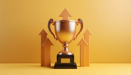 A bronze trophy representing achievement and success, surrounded by upward arrows against a vibrant yellow background.
