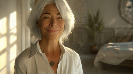 A photorealistic depiction of a joyful middle-aged woman with white hair and a white shirt, smiling warmly