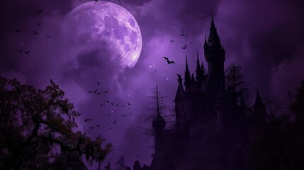Fototapeta premium A mysterious gothic castle looms under a full moon, surrounded by a purple-tinted sky filled with flying bats. The eerie atmosphere and twisted trees create a spooky yet enchanting scene, perfect for