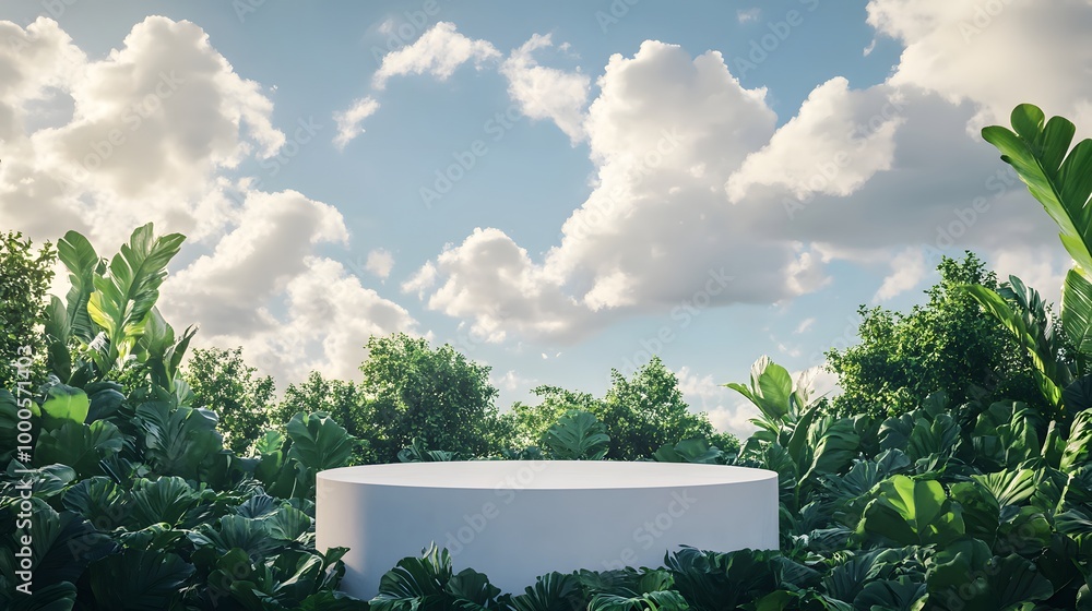 Poster 1. a serene scene featuring an empty podium surrounded by lush greenery, with a soft blue sky and fl