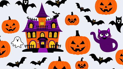 Fun and spooky Halloween illustration featuring a haunted house, pumpkins, bats, ghosts, and a black cat. Perfect for festive designs and Halloween themes.