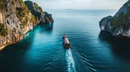 A longtail boat cruising through the calm waters of Koh Tao, heading towards a hidden snorkeling spot surrounded by rugged cliffs.