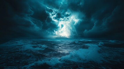 Fototapeta premium Dramatic Lightning Storm Over Ocean at Night