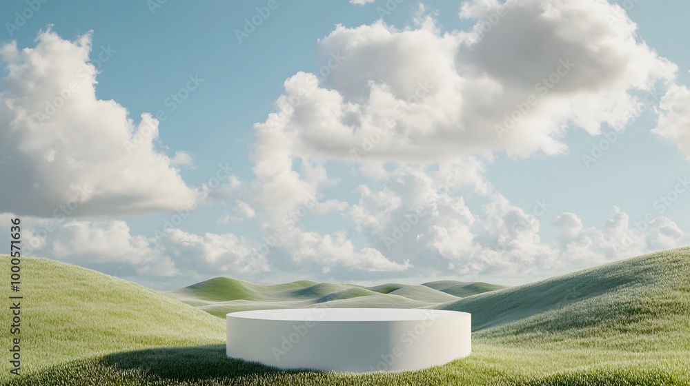 Poster 2. an idyllic setting showcasing a minimalist podium in a tranquil nature scene, with gentle rolling