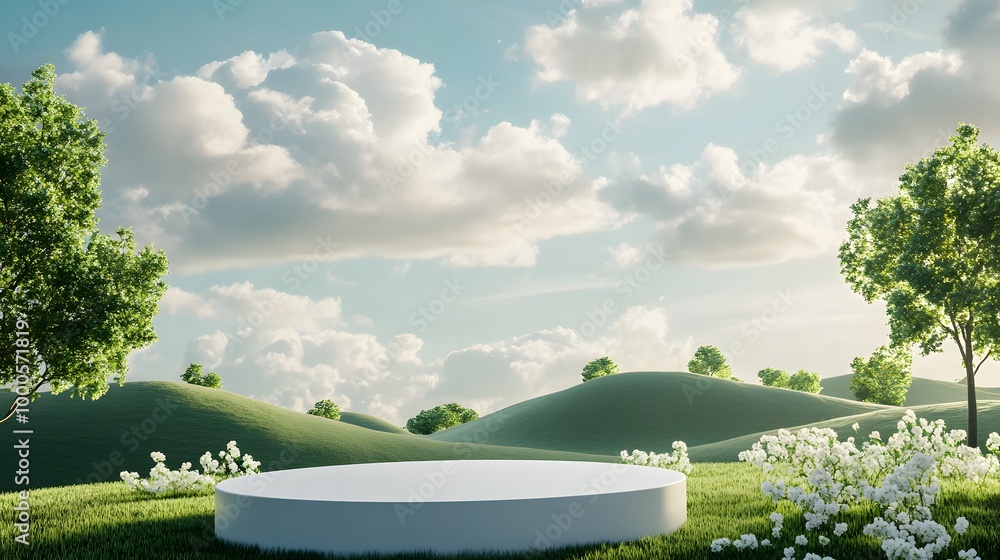 Poster 2. an idyllic setting showcasing a minimalist podium in a tranquil nature scene, with gentle rolling