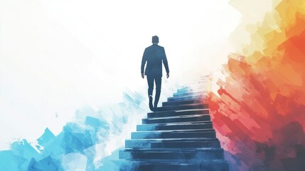 Businessman climbing stairs towards goal, business progress, abstract modern illustration, isolated on white background 