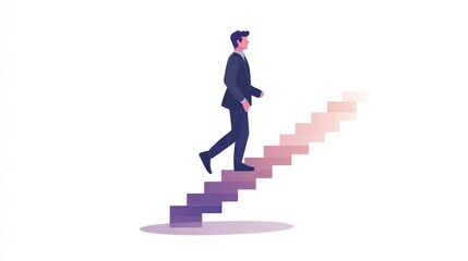 Entrepreneur ascending staircase, path to success, modern flat design, isolated on white background
