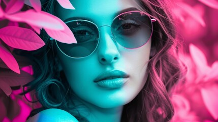 Fototapeta premium Captivating Beauty Portrait of Fashionable Woman Wearing Vibrant Makeup and Sunglasses