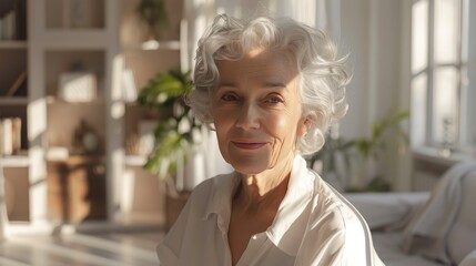 A realistic, true-to-life depiction of a cheerful older woman with white hair