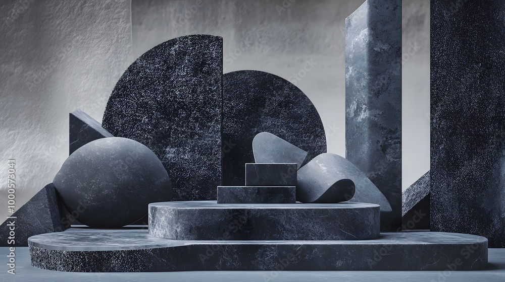 Poster 3. a captivating 3d render of a minimalist mockup featuring a collection of black geometric stone sh