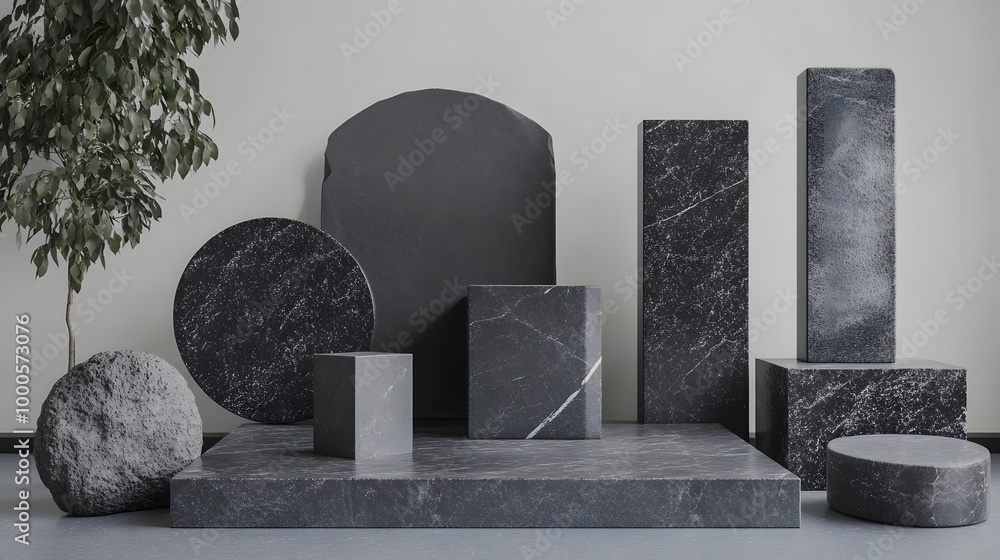 Poster 3. a captivating 3d render of a minimalist mockup featuring a collection of black geometric stone sh