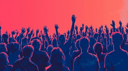 Vibrant Crowd with Hands Raised in Celebration