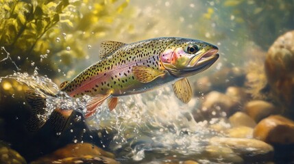 Fototapeta premium A rainbow trout leaping out of a clear mountain stream, surrounded by lush greenery, showcasing the beauty of fish in their natural habitat.