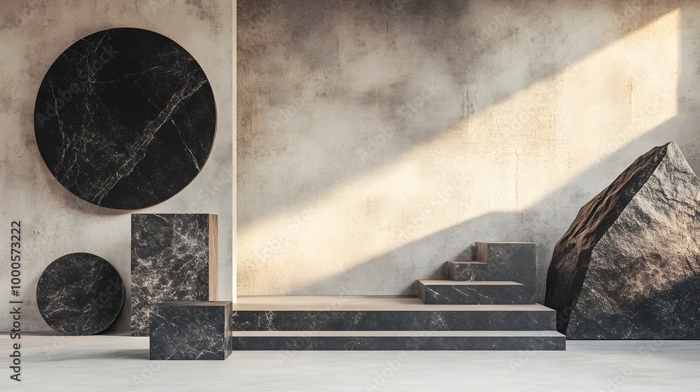 Poster 3. a captivating 3d render of a minimalist mockup featuring a collection of black geometric stone sh