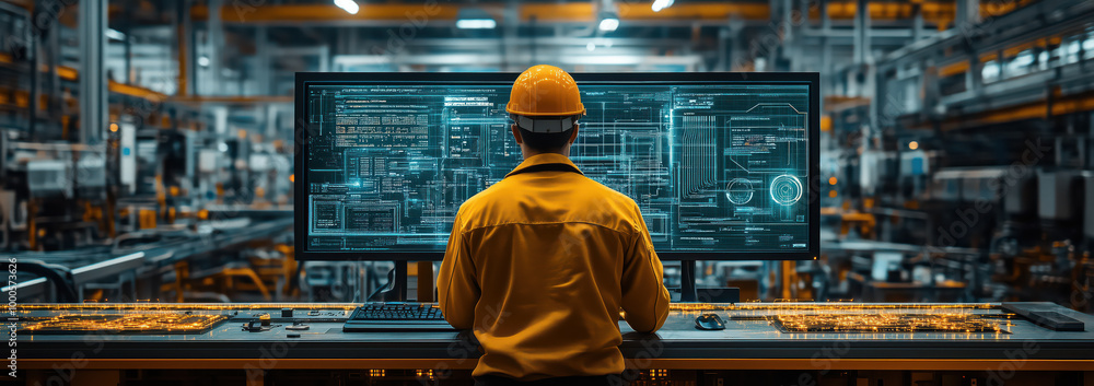 Wall mural engineer using computer at industrial factory.