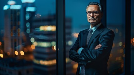 Mature male leader in a high-rise office, dark business attire