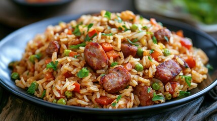 A serving of fried rice with smoked sausage, peppers, and onions, perfect for a smoky, savory flavor.