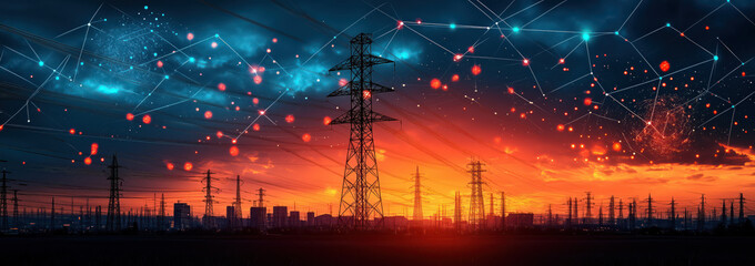 High voltage electric power lines station with sunset sky background.